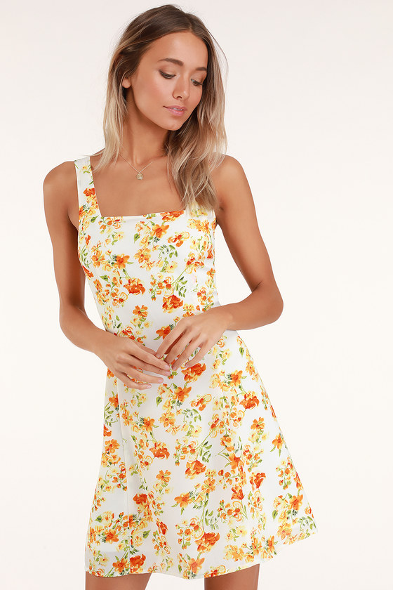 Cute Orange Floral Dress - Floral Mini ...